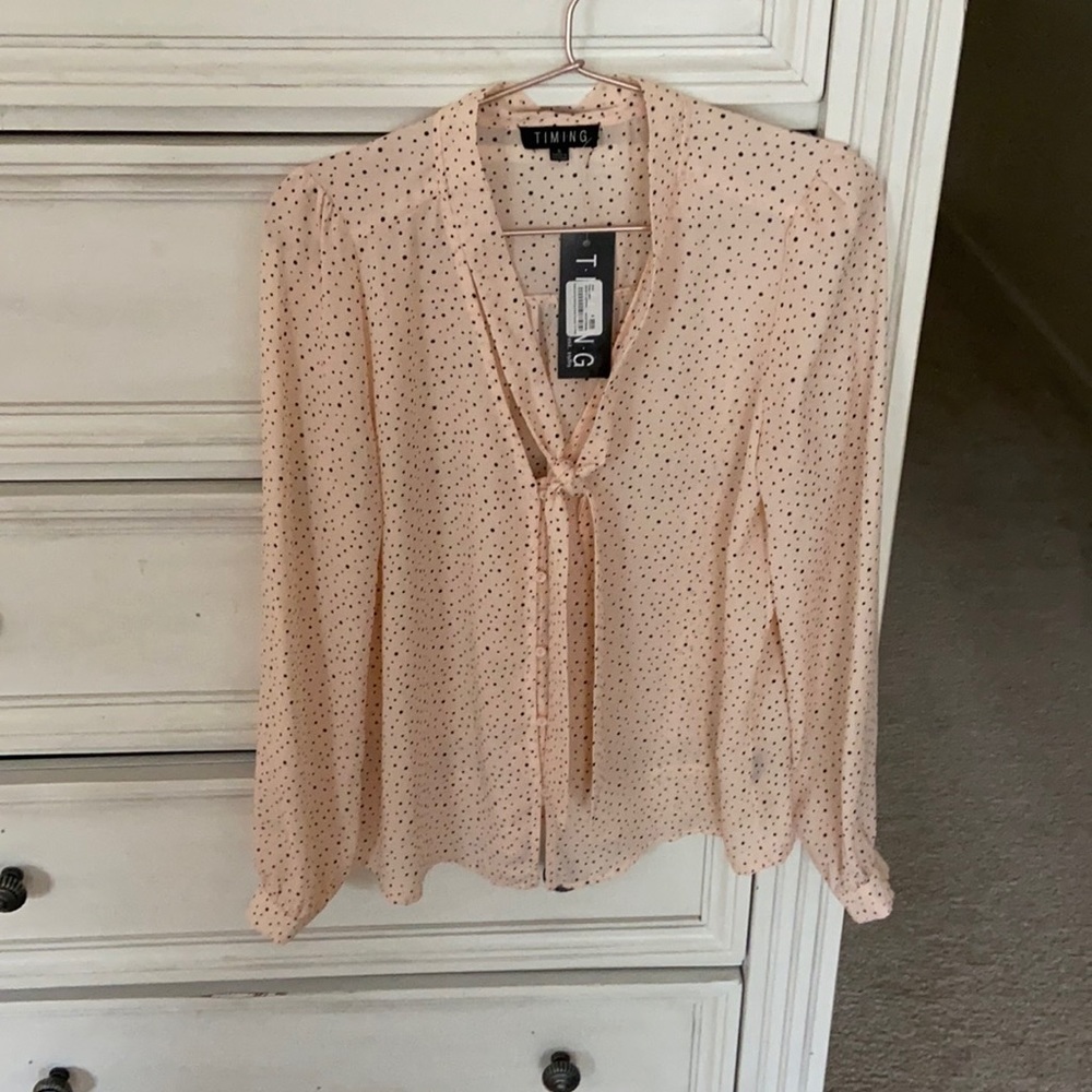 Pink with black polka dot front tie blouse